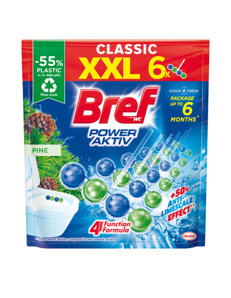 Odświeżające kostki do WC Bref  Power Aktiv o zapachu sosny, duża paczka 6x50 g 9000101592085
