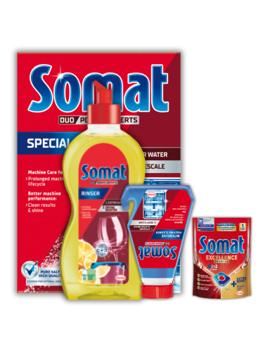 Duży zestaw Somat: sól do zmywarki 1,5 kg + nabłyszczacz 500 ml + środek czyszczący 250 ml + GRATIS 9000101369236