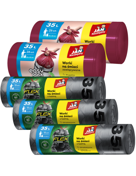 Worki na śmieci Jan Niezbędny 3x Magnum Flex & Strong 35L + 2x Easy Pack wiśniowe 35 L (97 worków)) 5905718981526