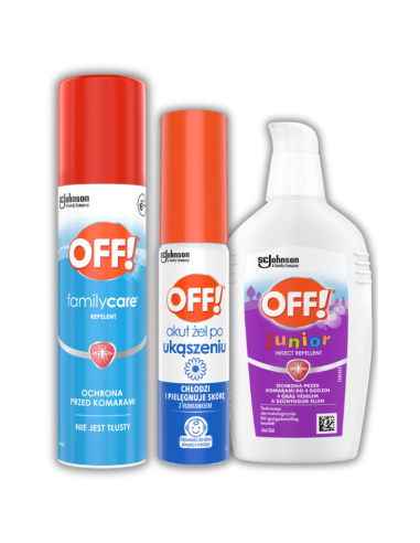 OFF! Family Care aerozol na komary 100 + Akut żel po ukąszeniu 25 ml + Żel na komary dla dzieci 100 ml 5905718981441