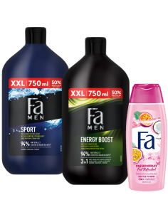 Zestaw żeli pod prysznic Fa Men 2x750 ml (Sport + Energy Boost) + Passion Fruit 400 ml 9000101609394