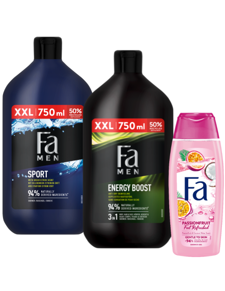 Zestaw żeli pod prysznic Fa Men 2x750 ml (Sport + Energy Boost) + Passion Fruit 400 ml 9000101609394