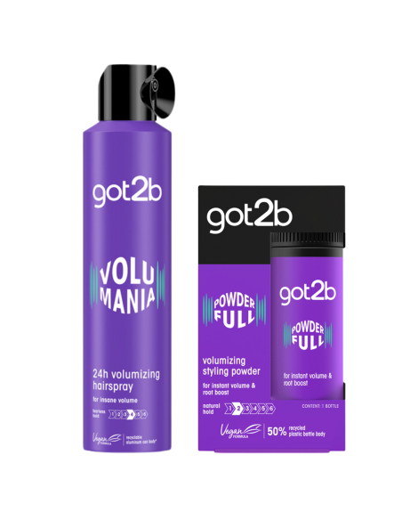Zestaw Megamocny lakier do włosów Got2B Volumania 300 ml + Utrwalający puder do włosów 10 ml 9000101040524