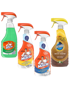 Duży zestaw płynów do czyszczenia i dezynfekcji Mr Muscle kuchnia + łazienka + szyby + Pronto Wood Cleaner, 4x500 ml 5000204183108