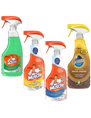 Duży zestaw płynów do czyszczenia i dezynfekcji Mr Muscle kuchnia + łazienka + szyby + Pronto Wood Cleaner, 4x500 ml - Środki...