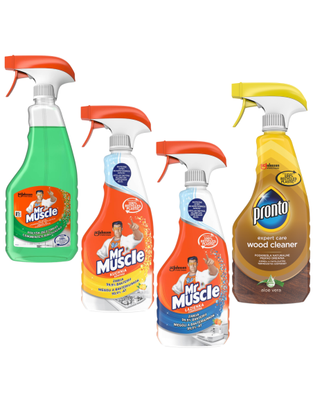Duży zestaw płynów do czyszczenia i dezynfekcji Mr Muscle kuchnia + łazienka + szyby + Pronto Wood Cleaner, 4x500 ml 5000204183108