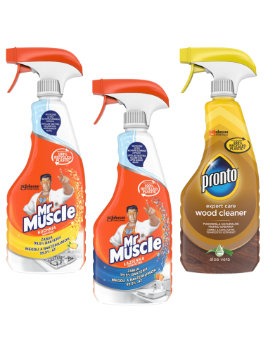 Zestaw płynów do czyszczenia i dezynfekcji Mr Muscle kuchnia + łazienka + Pronto Wood Cleaner - Środki czystości do kuchni i ...