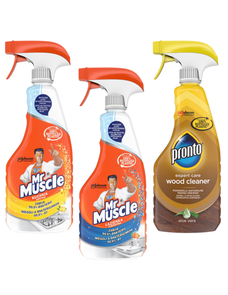 Zestaw płynów do czyszczenia i dezynfekcji Mr Muscle kuchnia + łazienka + Pronto Wood Cleaner 5000204183108