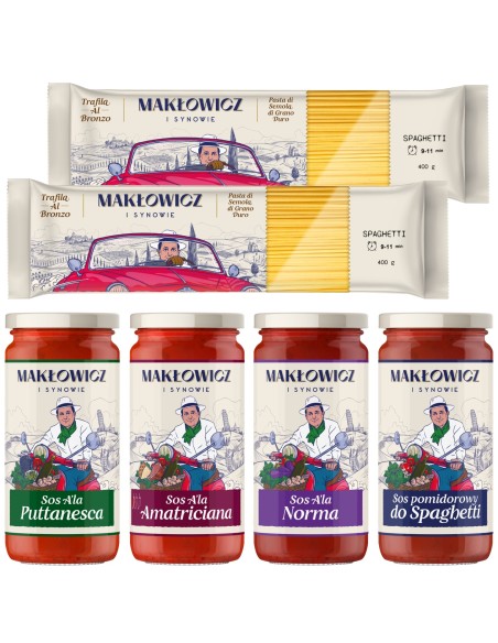 Włoski obiad Makłowicz i synowie zestaw sosów włoskich 4x 400 g + makaron spaghetti 2x 400 g 5905644030510