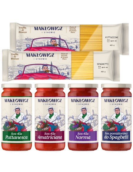 Zestaw na włoski obiad Makłowicz i Synowie: sosy 4x 400 g z + 2x 400 g makaron spaghetti i fettuccine 5905644030527