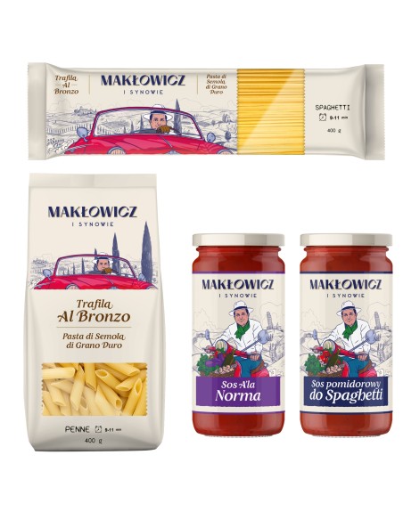 Zestaw na włoski obiad Makłowicz i Synowie: 2x 400 g sos włoski + 2x400 g makaron spaghetti i penne 5905644030510