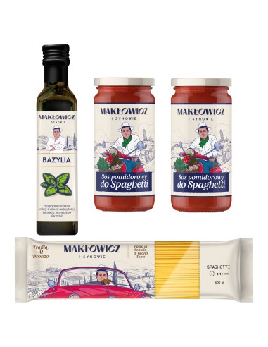 Zestaw Makłowicz i Synowie oliwa z oliwek bazylia 250 ml + makaron spaghetti 400 g + 2x sos spaghetti 400 g 5905644030046