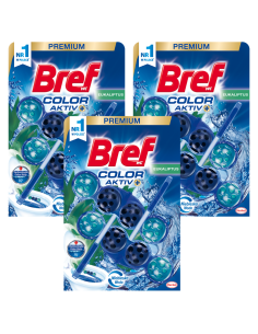 Barwiące wodę na niebiesko zawieszki WC BREF Color Aktiv Eukaliptus, 6x50 g 9000100889476