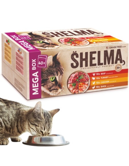 Bezzbożowa mokra karma dla kota Mega Box Shelma 40 x 85g, mix smaków 8595606409262
