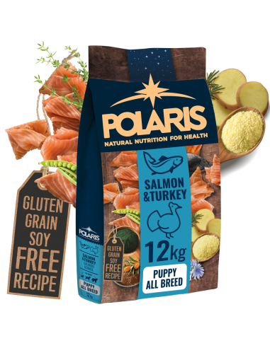 Naturalna karma sucha z łososiem i indykiem dla szczeniąt wszystkich ras Polaris 12 kg 5999566110573