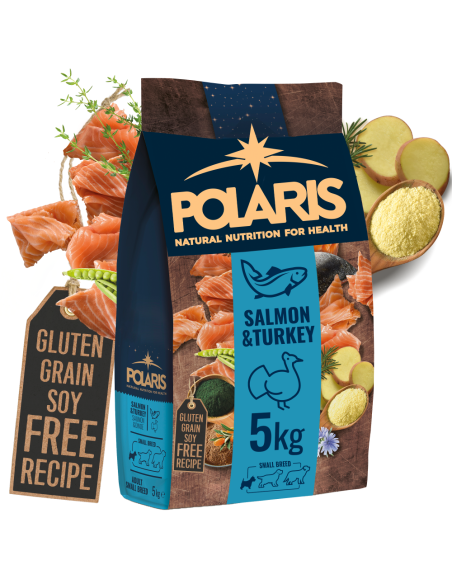 Naturalna karma sucha z łososiem i indykiem dla dorosłych psów małych ras Polaris 5 kg 5999566110634