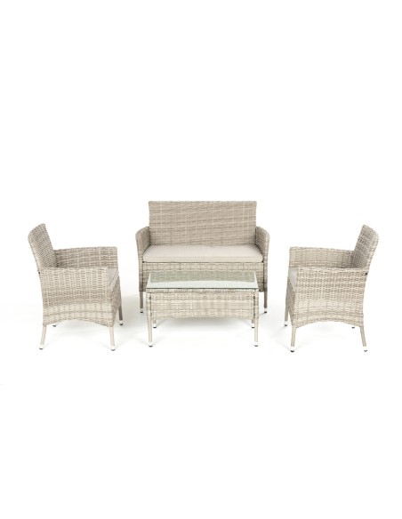 Jasnoszary zestaw mebli ogrodowych, tarasowych Riven Meven 2x fotel + sofa + stolik szklany 5905842511279 2