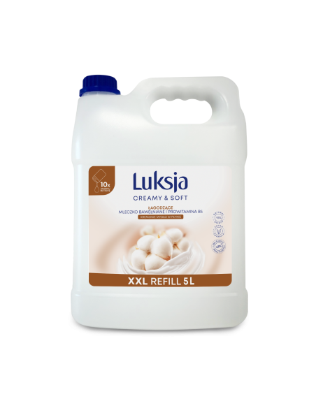 Duży zapas mydła do rąk w płynie z mleczkiem bawełnianym Luksja 5 L 5900536353111
