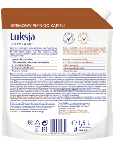 Pielęgnujący płyn do kąpieli z mleczkiem bawełnianym Luksja 1500 ml Zapas 5900536356792 2