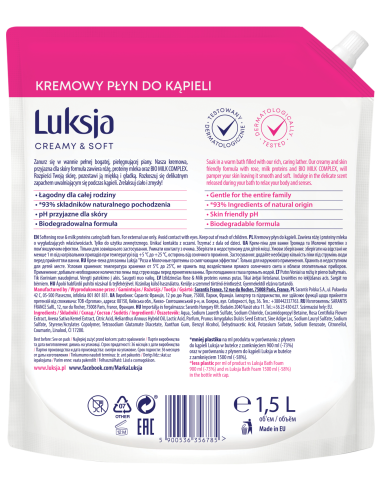 Kremowy płyn do kąpieli z różą i proteinami mleka Luksja 1,5L zapas 5900536356785 2