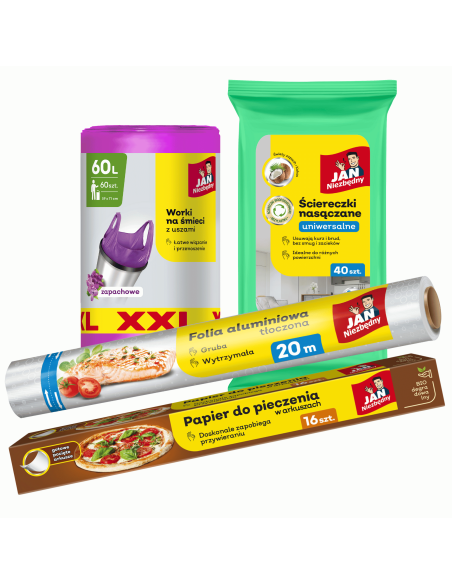 Papier do pieczenia arkusze + Ściereczki nasączane + Folia aluminiowa + Worki 60L XXL  Jan Niezbędny 5900536282442