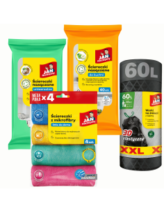 Zestaw Jan Niezbędny 2x Ściereczki nasączane + 4x Ścierka z mikrofibry + Worki na śmieci 60L 5201314185802