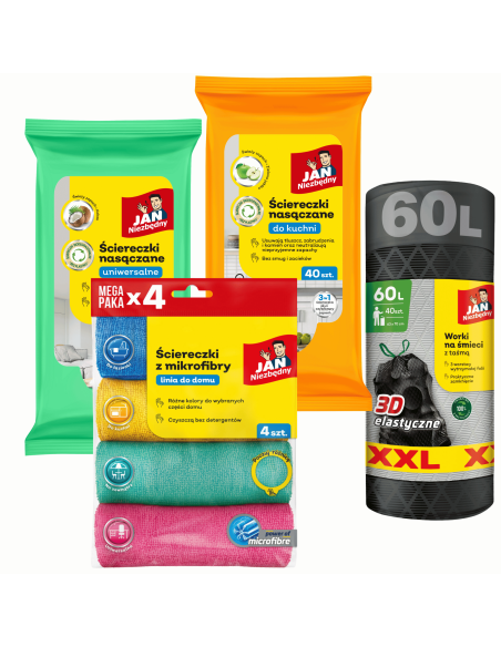 Zestaw Jan Niezbędny 2x Ściereczki nasączane + 4x Ścierka z mikrofibry + Worki na śmieci 60L - Ścierki i ściereczki Zestaw Jan Niezbędny 2x Ściereczki nasączane + 4x Ścierka z mikrofibry + Worki na śmieci 60L 5201314185802