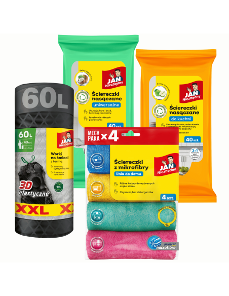 Zestaw Jan Niezbędny 2x Ściereczki nasączane + 4x Ścierka z mikrofibry + Worki na śmieci 60L - Ścierki i ściereczki Zestaw Jan Niezbędny 2x Ściereczki nasączane + 4x Ścierka z mikrofibry + Worki na śmieci 60L 5201314185802 2