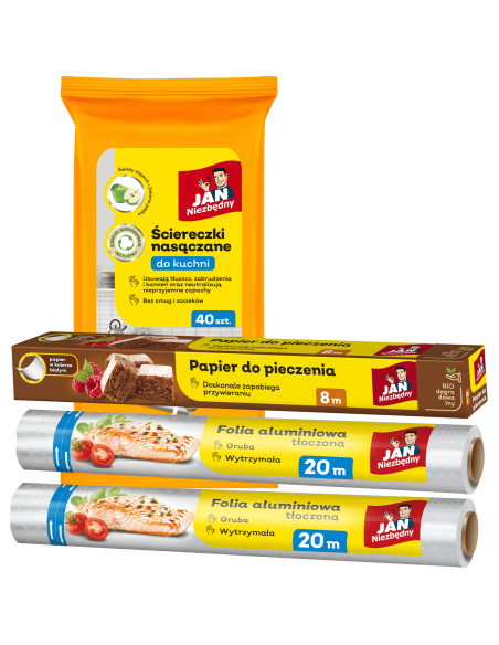 2x Folia aluminiowa 20 m + Ściereczki nasączane do kuchni + Papier do pieczenia 8 m Jan Niezbędny 5900536232584