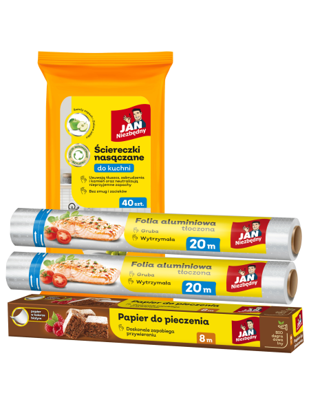 2x Folia aluminiowa 20 m + Ściereczki nasączane do kuchni + Papier do pieczenia 8 m Jan Niezbędny 5900536232584 2