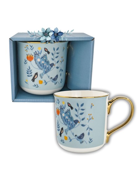 Niebieski porcelanowy kubek w ptaki ze złotym uchem zapakowany na prezent 550 ml 5905842527171