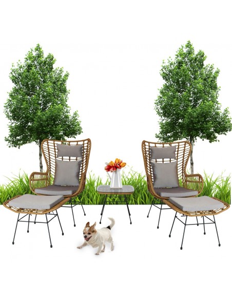 Beżowy zestaw mebli ogrodowych wypoczynkowych MEVEN: 2x fotel, 2x puf + stolik 5900607534395