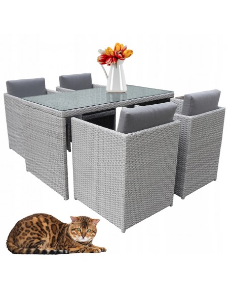 Zestaw szarych mebli ogrodowych z technorattanu Meven - 4 fotele + stół 5902490785717