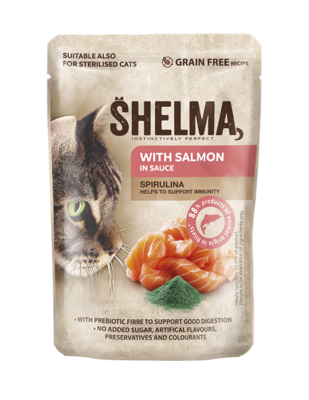 Bezzbożowa mokra karma dla kota bogata w łososia w sosie Shelma 85g 8595606406667
