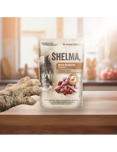 Bezzbożowa mokra karma dla kota bogata w kaczkę w sosie Shelma 85g 8595606406681 3