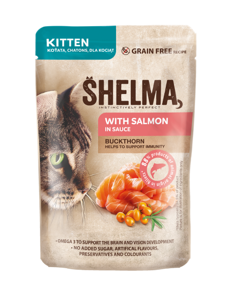 Bezzbożowa mokra karma dla kociąt bogata w łososia w sosie Shelma 85g 8595606406964 2