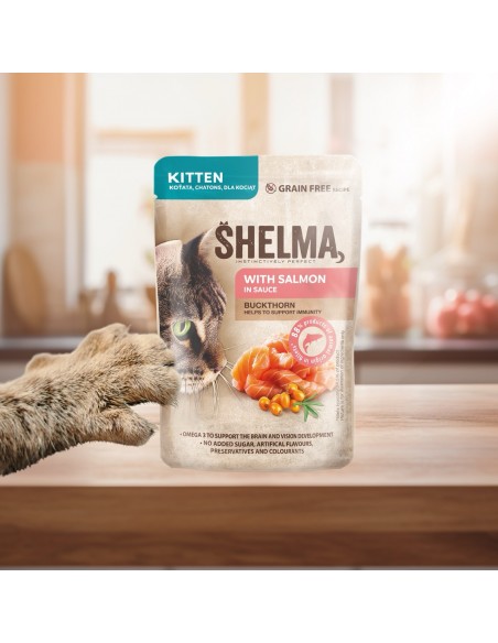 Bezzbożowa mokra karma dla kociąt bogata w łososia w sosie Shelma 85g 8595606406964 3