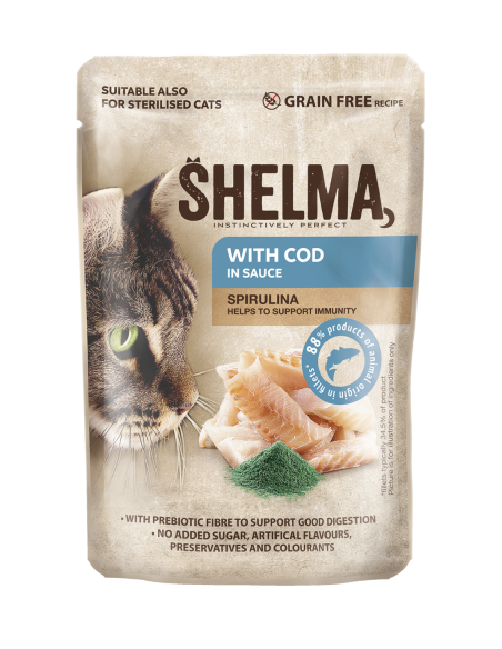 Bezzbożowa mokra karma dla kota bogata w dorsza w sosie Shelma 85g 8595606406674