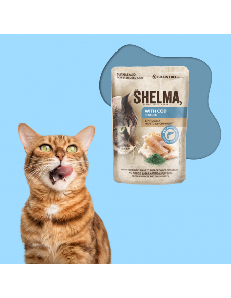 Bezzbożowa mokra karma dla kota bogata w dorsza w sosie Shelma 85g 8595606406674 2