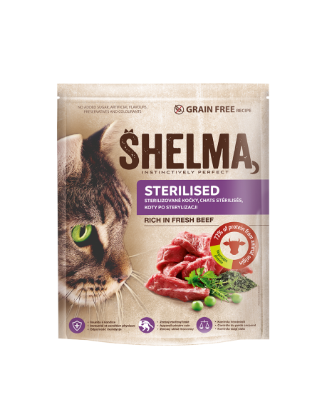 Bezzbożowa sucha karma dla kotów sterylizowanych bogata w wołowinę Shelma 1,4 kg 8595606407022