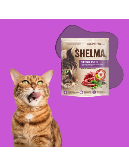 Bezzbożowa sucha karma dla kotów sterylizowanych bogata w wołowinę Shelma 1,4 kg 8595606407022 2