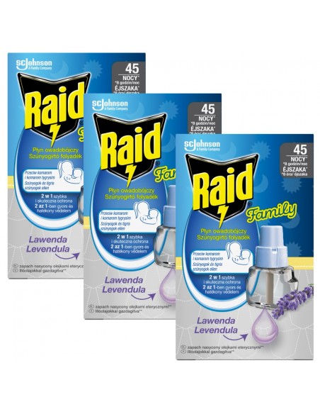 Lawendowy płyn owadobójczy przeciw komarom Raid Family, 3x wkład do elektrofumigatora 5905718981236