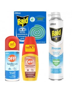 Zestaw spirala owadobójcza i spray mrożący 350 ml Raid  + Aerozol na komary i płyn na kleszcze OFF! 5905718981052