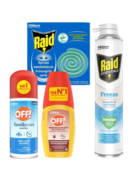 Zestaw spirala owadobójcza i spray mrożący 350 ml Raid  + Aerozol na komary i płyn na kleszcze OFF! 5905718981052