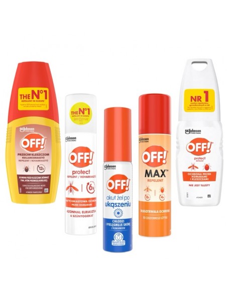 Duży zestaw aerozoli OFF! przeciw komarom i kleszczom 4x100ml + Żel Akut po ukąszeniach 25ml 5905718981076