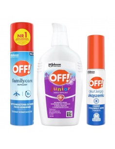 OFF! Family Care aerozol na komary 100 + Akut żel po ukąszeniu 25 ml + Żel na komary dla dzieci 100 ml 5905718981441