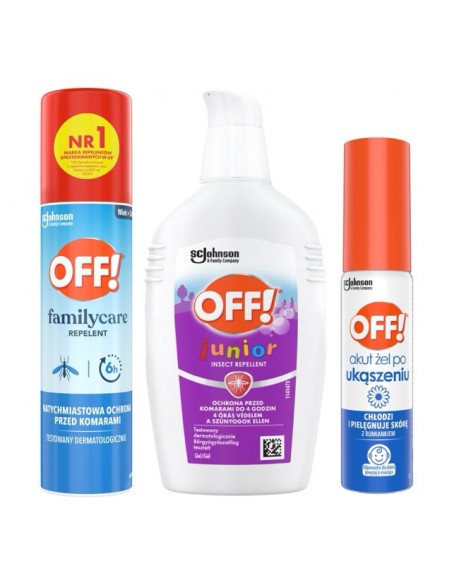 OFF! Family Care aerozol na komary 100 + Akut żel po ukąszeniu 25 ml + Żel na komary dla dzieci 100 ml 5905718981441