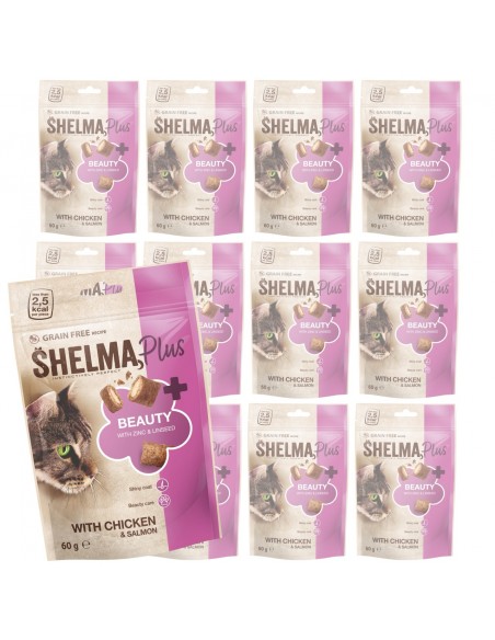 12x Bezzbożowe przekąski dla kota z kurczakiem i łososiem Shelma 60 g 8595606409699