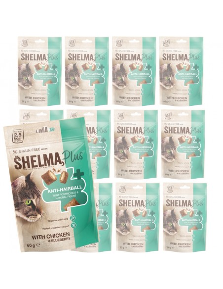 12x Bezzbożowe poduszeczki dla kota z kurczakiem i jagodami wspomagające trawienie Shelma 60 g 8595606409705