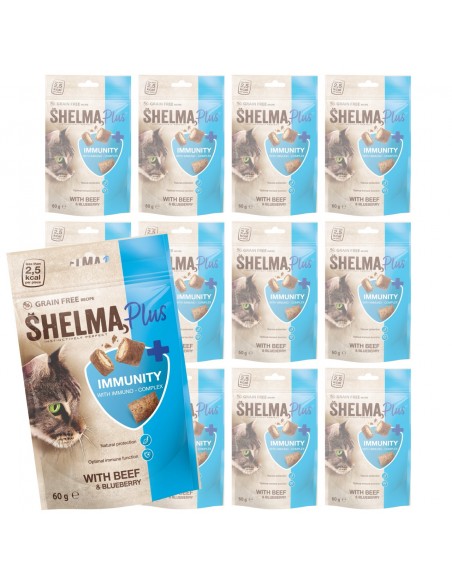 12x Chrupiące smakołyki dla kota, poduszeczki z wołowiną i borówkami Shelma 60g 8595606409712